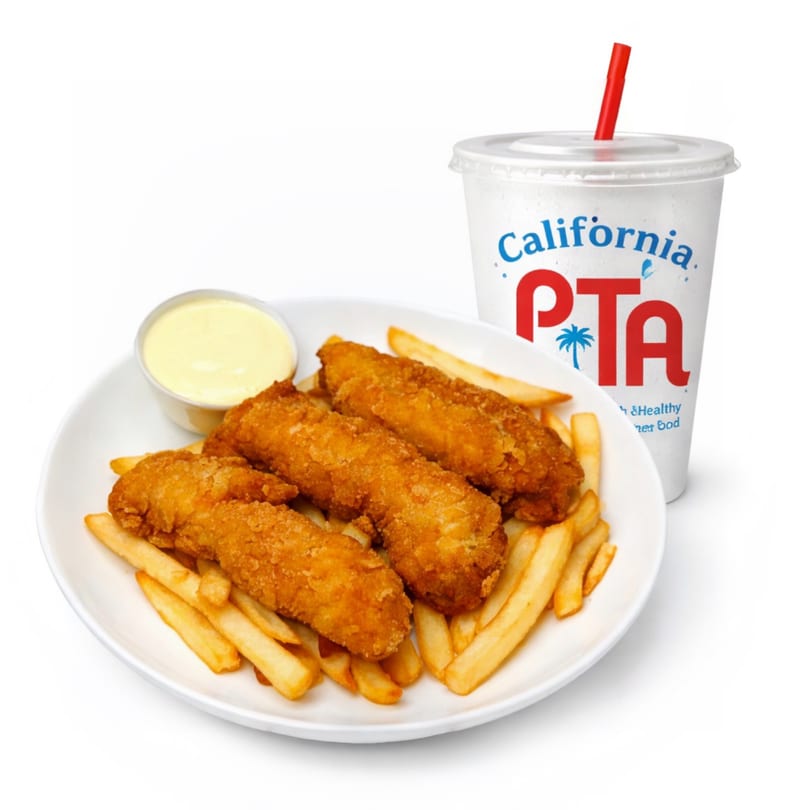 Crispy chicken tenders with golden fries and a side of dipping sauce, next to a California Pita branded drink.