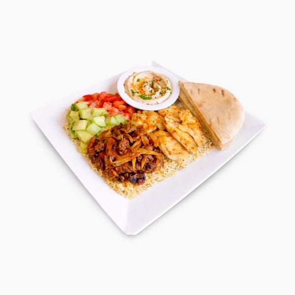 California Pita & Grill's Mediterranean plate with chicken, beef shawarma, rice, salad, hummus, and pita.