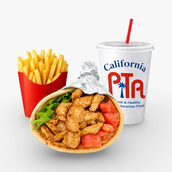 California Pita & Grill chicken pita, fries, and branded drink on a white background.
