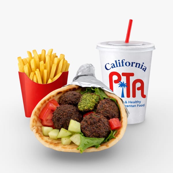 California Pita & Grill falafel pita with fries and a branded drink cup.