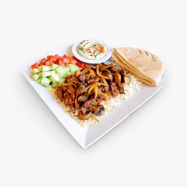 California Pita & Grill's Mediterranean plate with beef, rice, salad, hummus, and pita bread.