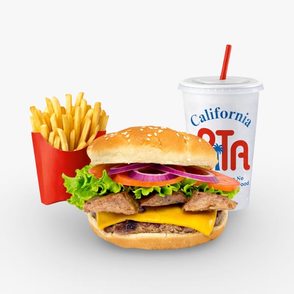California Pita & Grill burger with cheese, lettuce, tomato, onion, fries, and a branded drink.