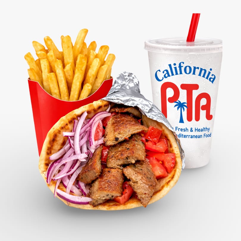 California Pita & Grill gyro with fries and a drink on a white background.