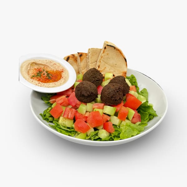 Falafel salad with hummus and pita bread from California Pita & Grill.