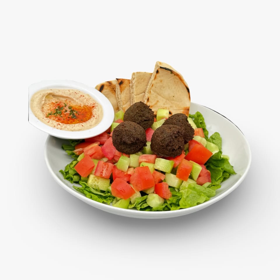 Falafel salad with hummus and pita bread from California Pita & Grill.
