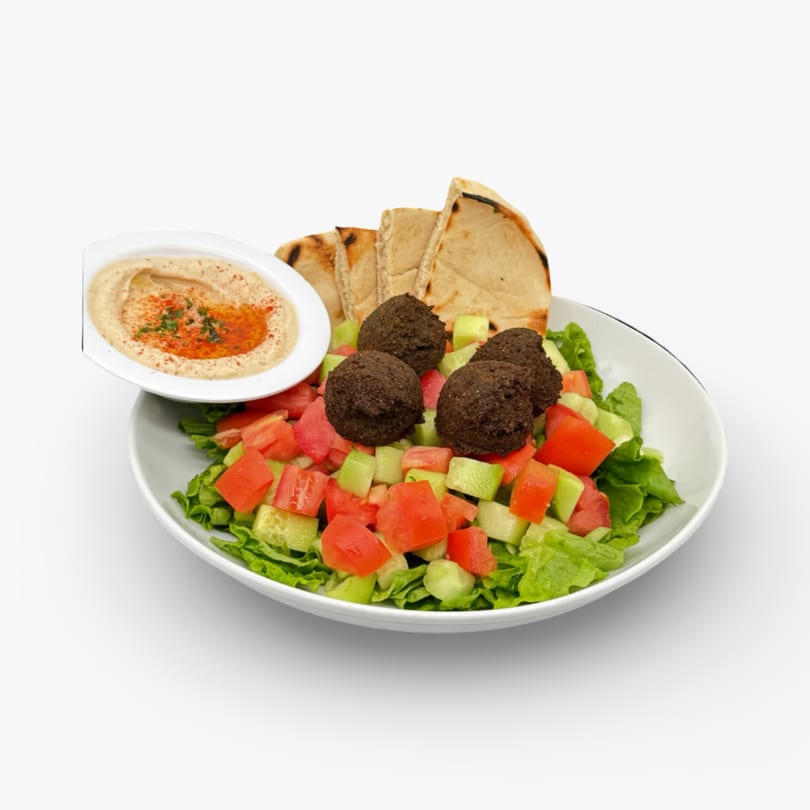 Falafel salad with hummus and pita bread from California Pita & Grill.